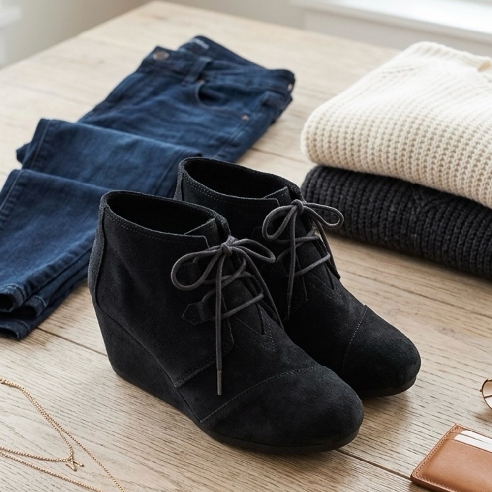 TOMS Kala Black Suede Ankle Boots Wedge Heel Size 6.5